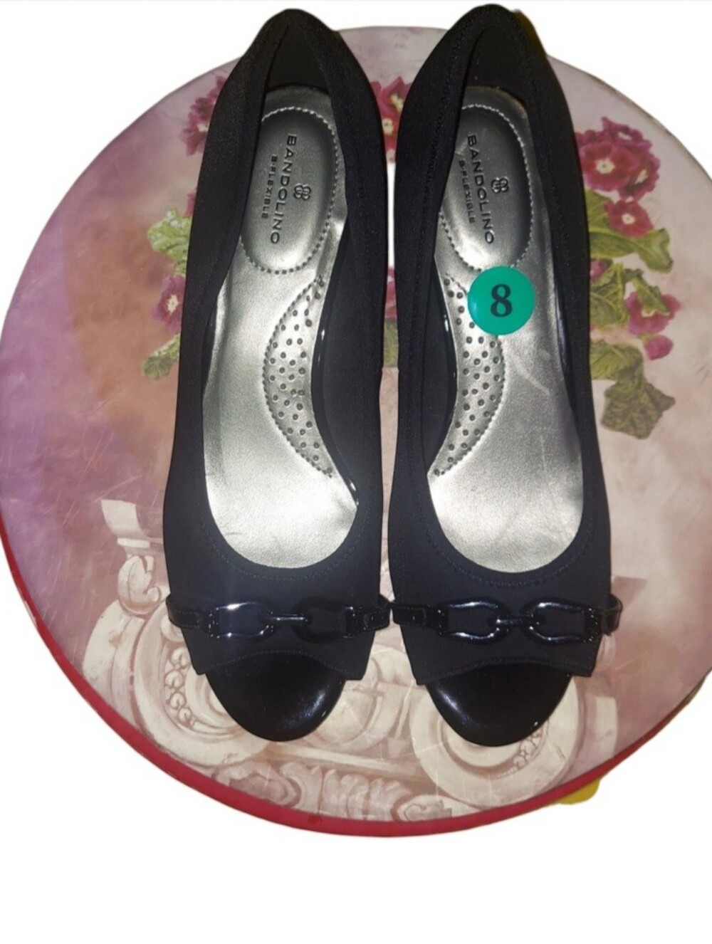 NWT Bandolino B Flexible Black Peep Toe Wedges Rubber Sole Size 8